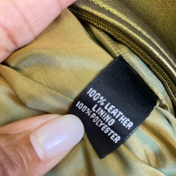 Linda Allard Ellen Tracy Metallic Green Gold Leather Jacket - Picture 4 of 10